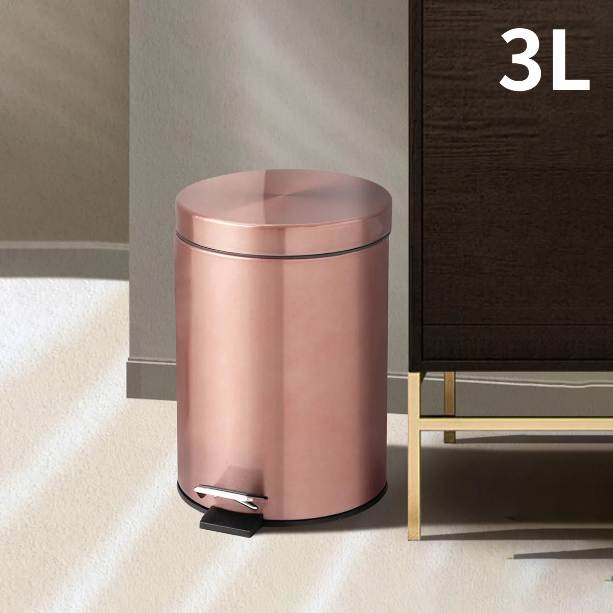 3L Stainless Steel Pedal Trash Can with Lid - Removable Inner Bucket, Rose Gold