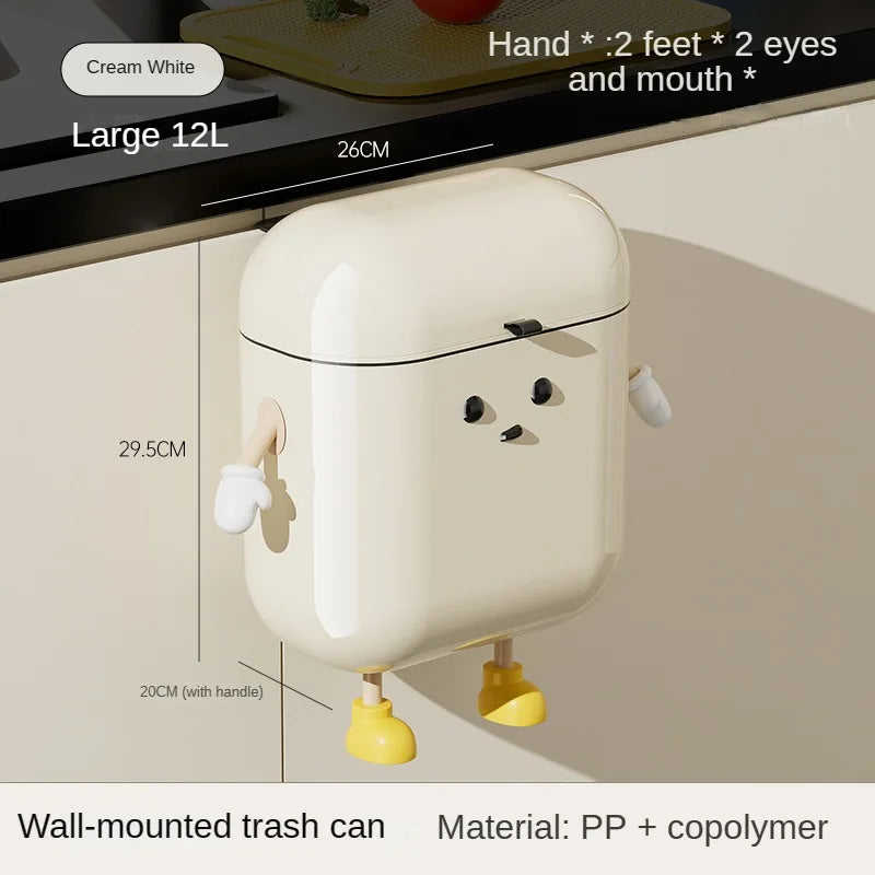 Wall-Mounted Kitchen Trash Can with Lid, Cream Hanging Bin for Kitchen & Bathroom, 9L / 12L