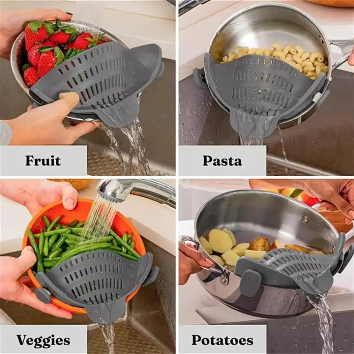 Snap-N-Strain Silicone Pot Strainer-Universal Clip-On Kitchen Colander