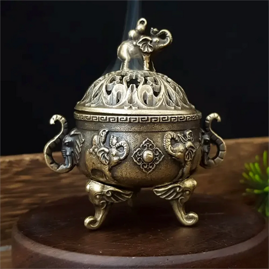 Vintage Elephant Incense Burner with Lid - Triple-Legged Metal Aromatherapy Holder