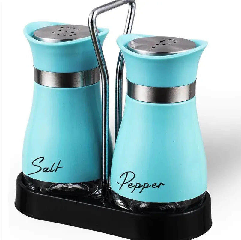 Glass Salt and Pepper Shaker Set with Stand - Adjustable Refillable Spice Dispenser