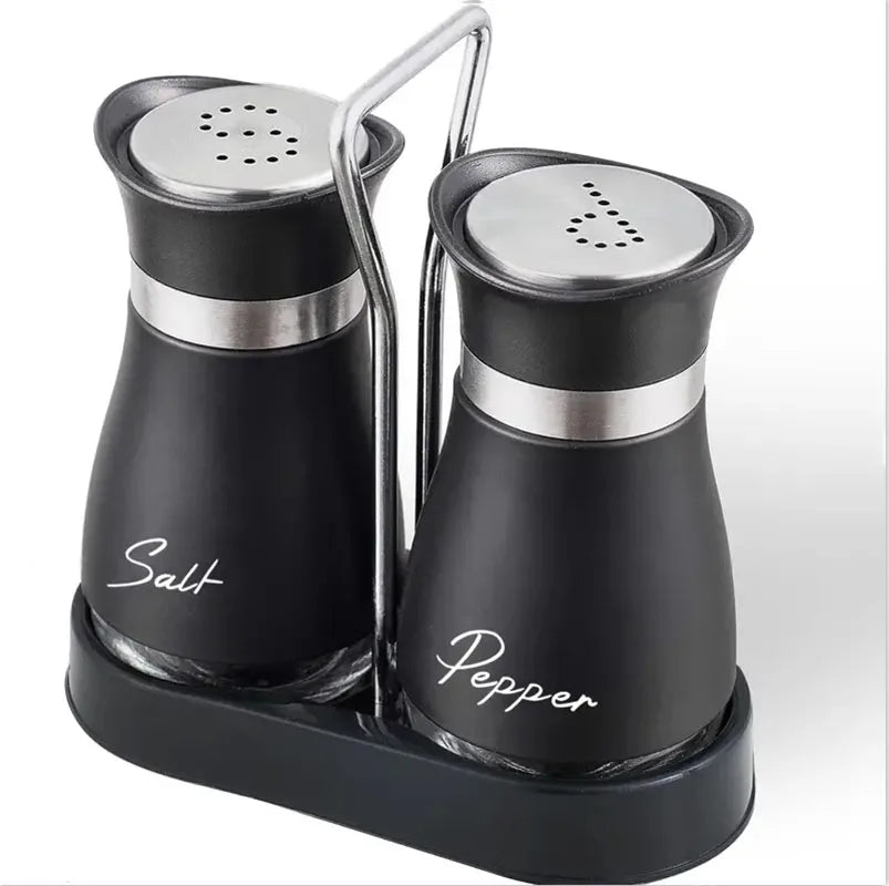 Glass Salt and Pepper Shaker Set with Stand - Adjustable Refillable Spice Dispenser