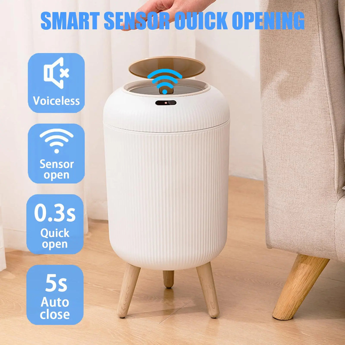 Automatic Motion Sensor Trash Can with Lid, 10L Smart Bin for Kitchen, Bathroom & Bedroom