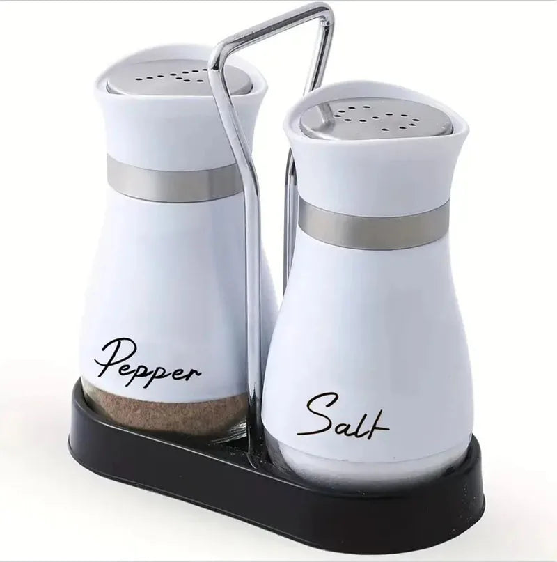 Glass Salt and Pepper Shaker Set with Stand - Adjustable Refillable Spice Dispenser