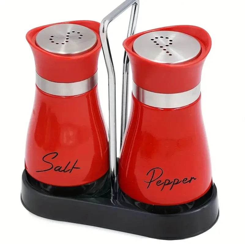 Glass Salt and Pepper Shaker Set with Stand - Adjustable Refillable Spice Dispenser