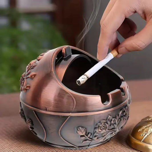 Vintage Windproof Ashtray with Lid- Retro Metal Decorative Tabletop Ashtray