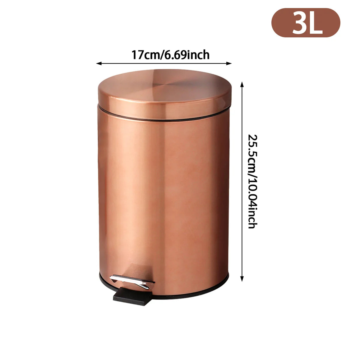3L Stainless Steel Pedal Trash Can with Lid - Removable Inner Bucket, Rose Gold