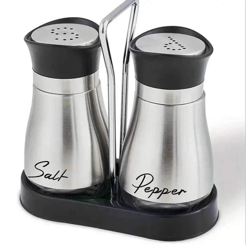 Glass Salt and Pepper Shaker Set with Stand - Adjustable Refillable Spice Dispenser