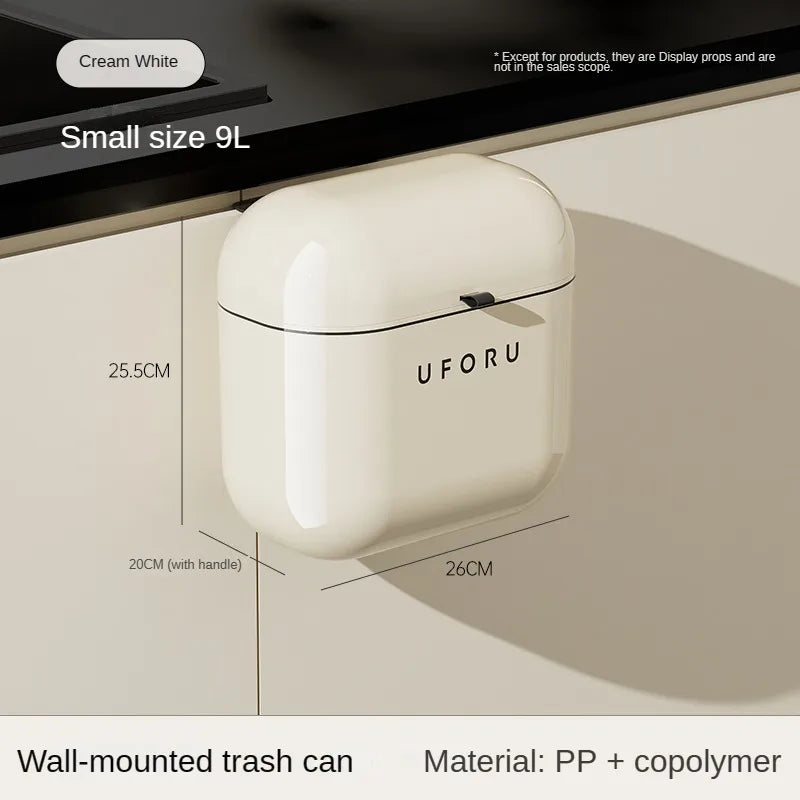 Wall-Mounted Kitchen Trash Can with Lid, Cream Hanging Bin for Kitchen & Bathroom, 9L / 12L