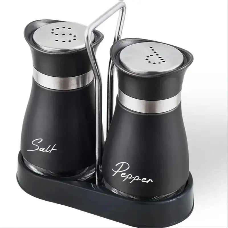 Glass Salt and Pepper Shaker Set with Stand - Adjustable Refillable Spice Dispenser