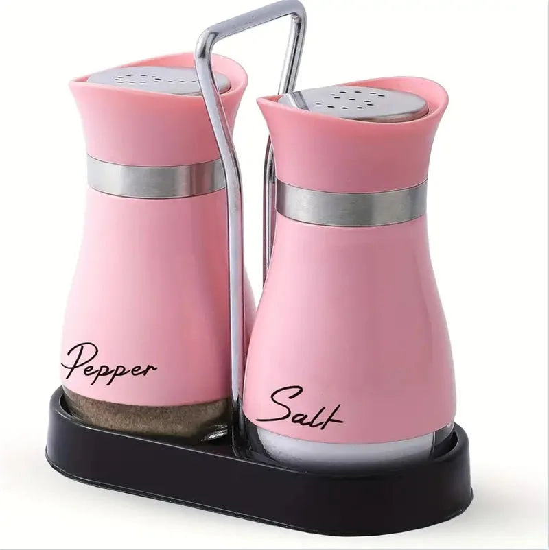 Glass Salt and Pepper Shaker Set with Stand - Adjustable Refillable Spice Dispenser