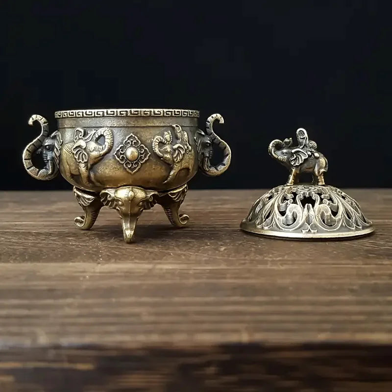 Vintage Elephant Incense Burner with Lid - Triple-Legged Metal Aromatherapy Holder