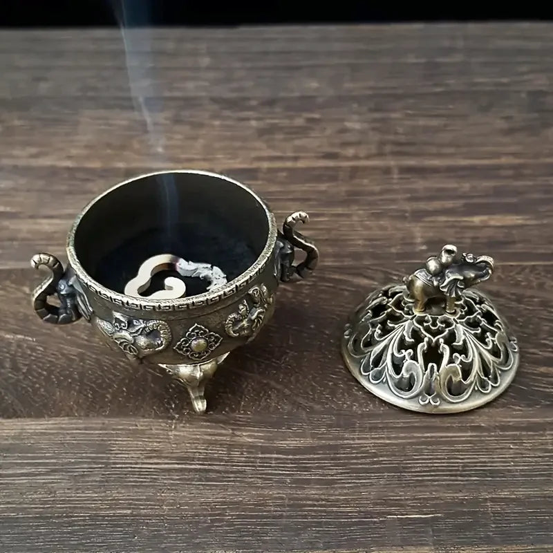 Vintage Elephant Incense Burner with Lid - Triple-Legged Metal Aromatherapy Holder
