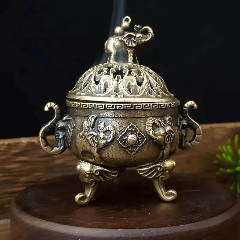 Vintage Elephant Incense Burner with Lid - Triple-Legged Metal Aromatherapy Holder