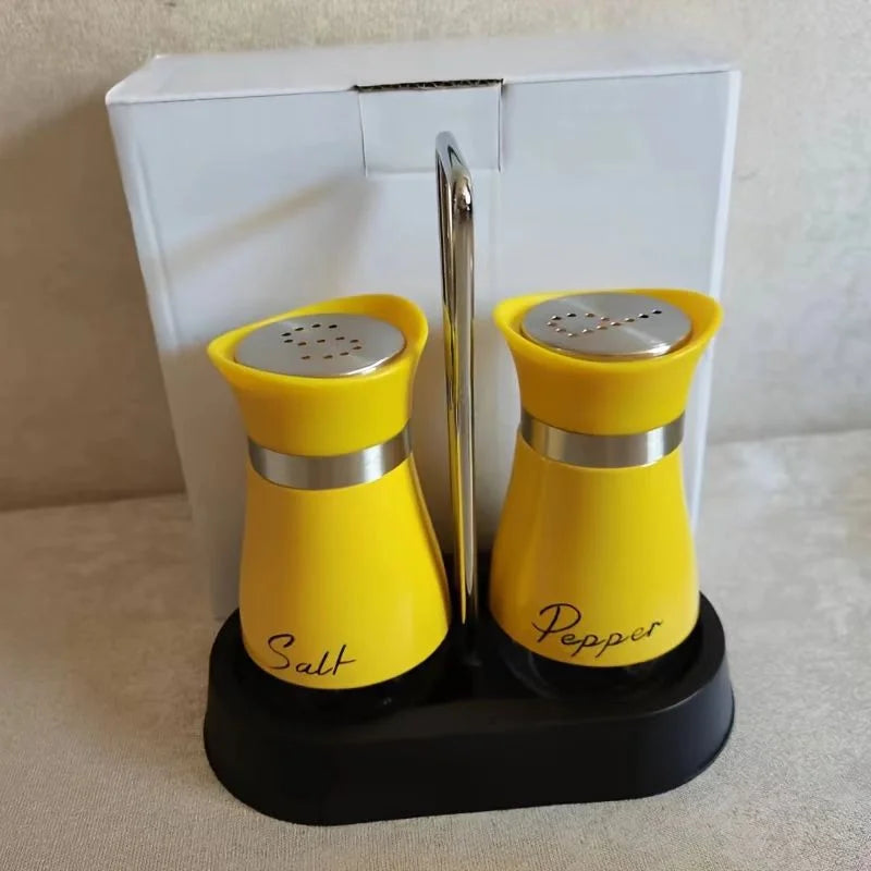 Glass Salt and Pepper Shaker Set with Stand - Adjustable Refillable Spice Dispenser