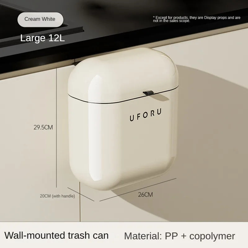 Wall-Mounted Kitchen Trash Can with Lid, Cream Hanging Bin for Kitchen & Bathroom, 9L / 12L