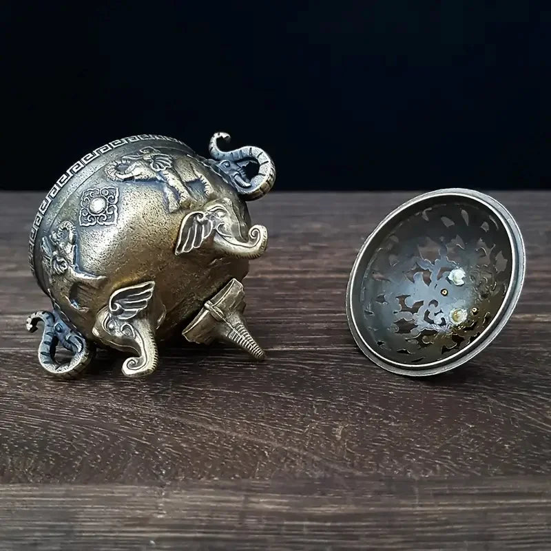 Vintage Elephant Incense Burner with Lid - Triple-Legged Metal Aromatherapy Holder