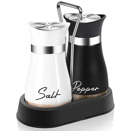 Glass Salt and Pepper Shaker Set with Stand - Adjustable Refillable Spice Dispenser