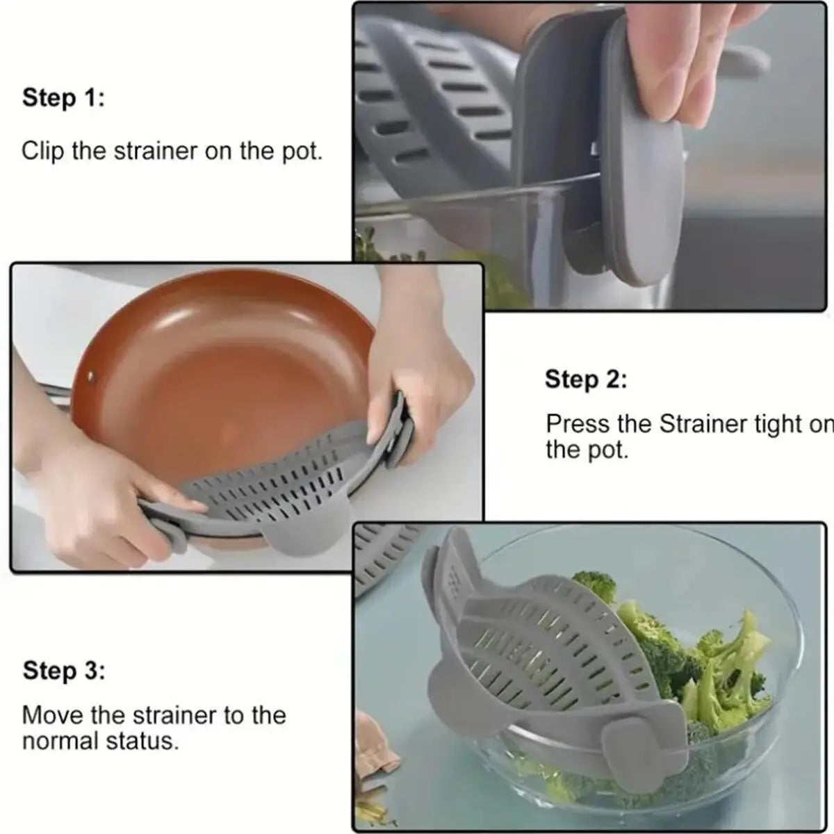 Snap-N-Strain Silicone Pot Strainer-Universal Clip-On Kitchen Colander